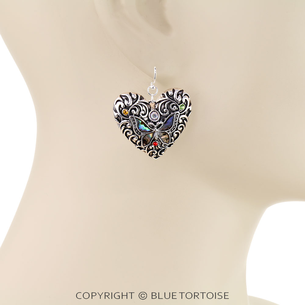 Heart Filigree Butterfly Abalone Dangle Earrings - Image 2