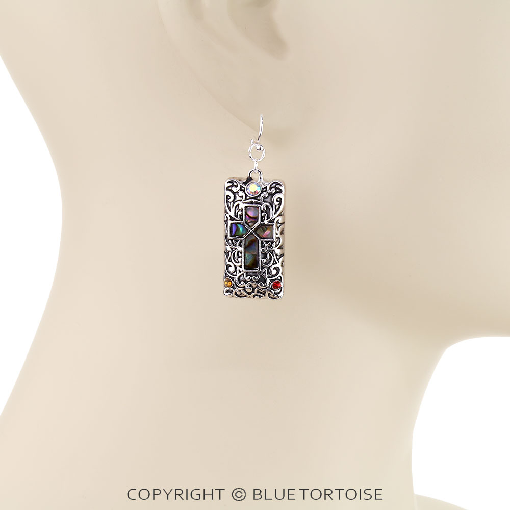 Inspirational Filigree Cross Abalone Dangle Earrings - Image 2