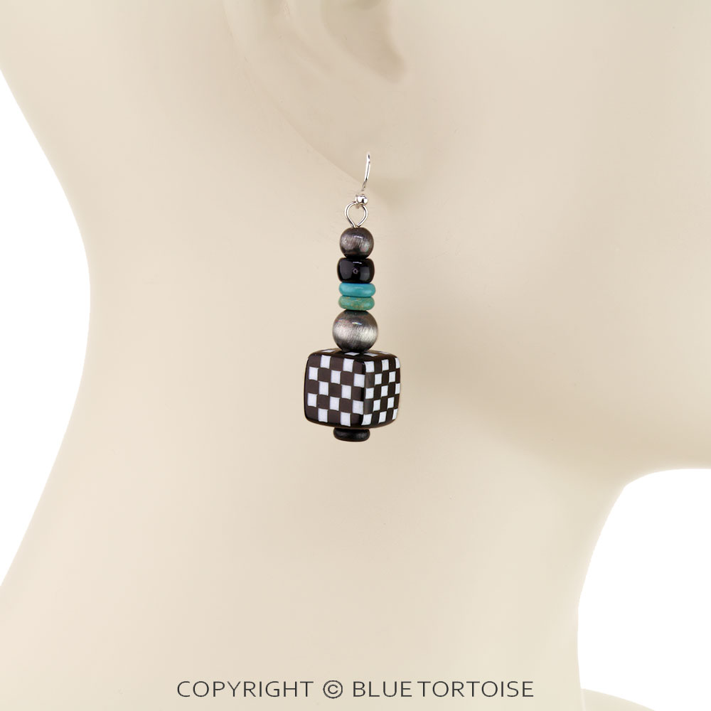 Checker Pattern Square Dangle Earrings - Image 2