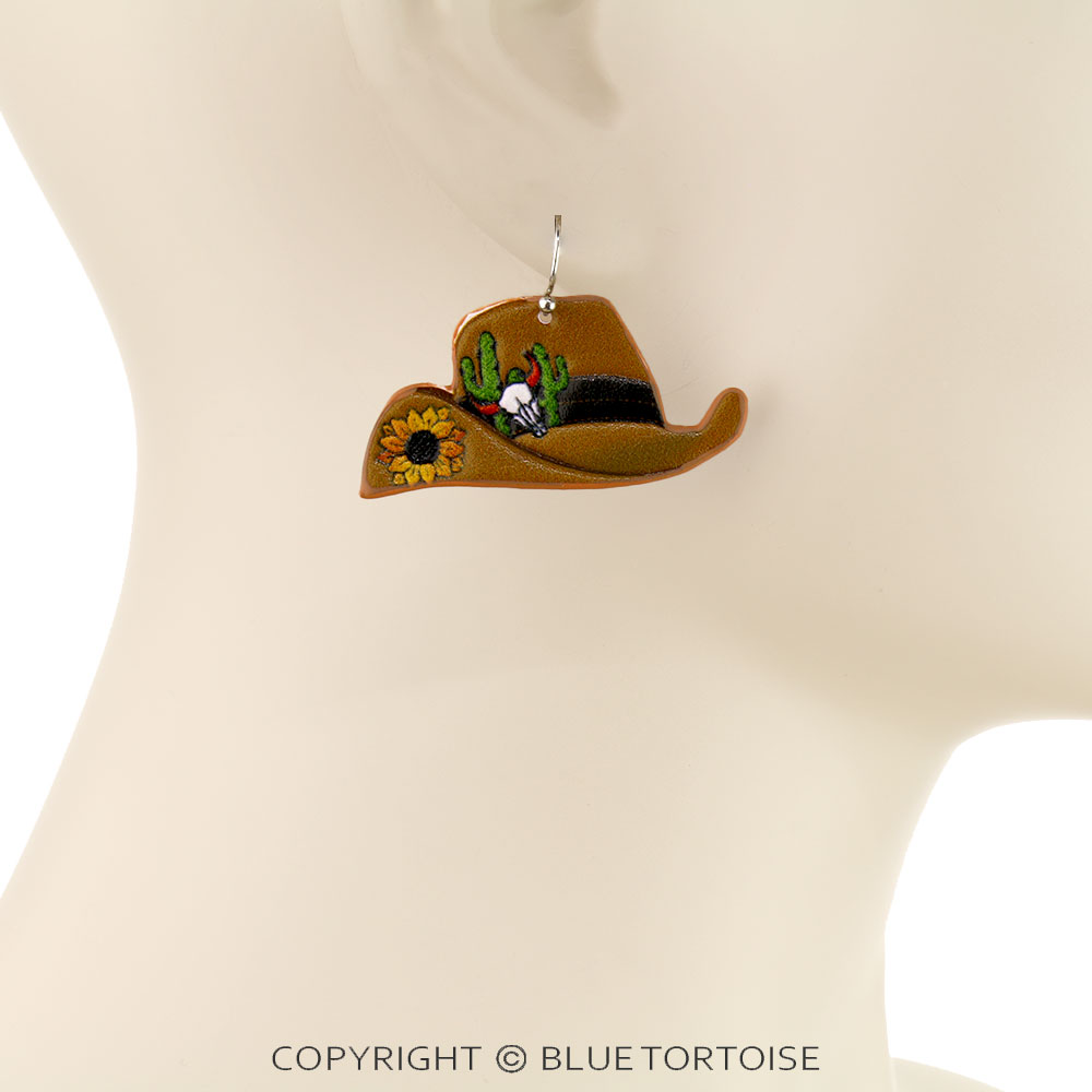 Western Tooled Leather Cowboy Hat Dangle Earrings - Image 2