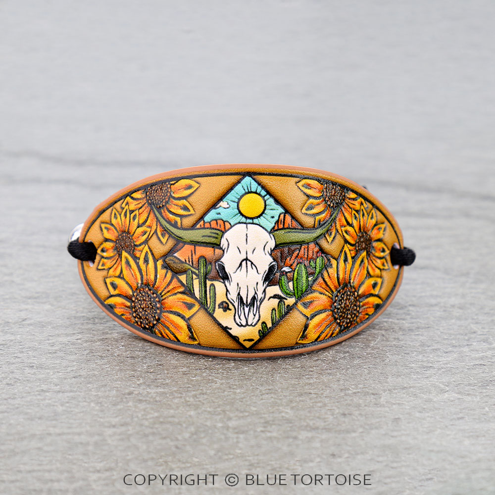 Western Steer Skull Tooled Leather Adjustable Bracelet