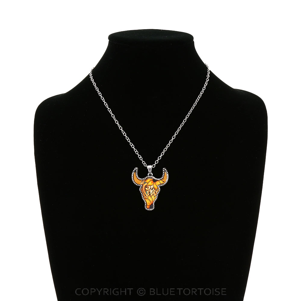 Western Steer Head Tooled Leather Necklace - Image 2