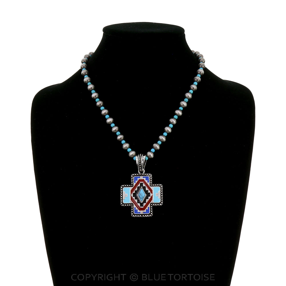 Western Aztec Cross Enamel Pendant Necklace - Image 2