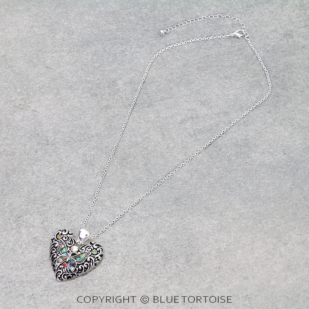 Heart Filigree Butterfly Abalone Necklace