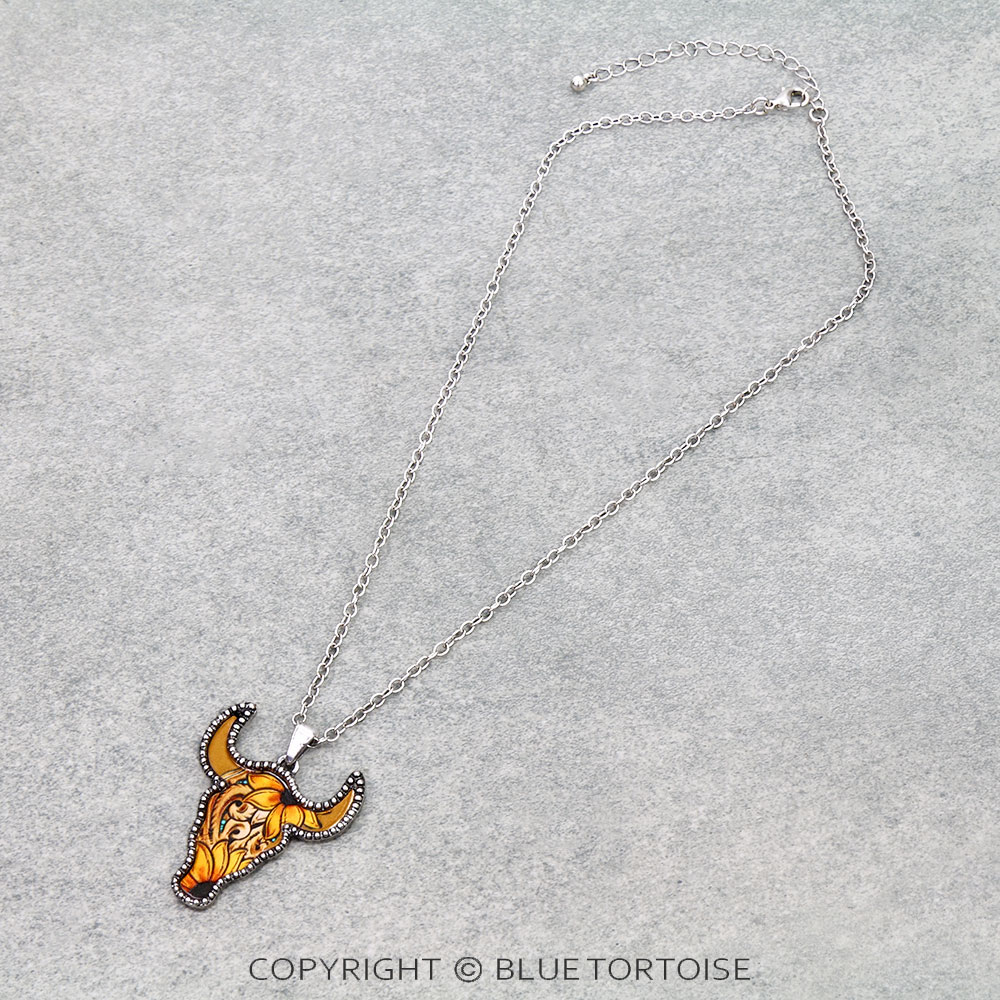 Western Steer Head Tooled Leather Necklace