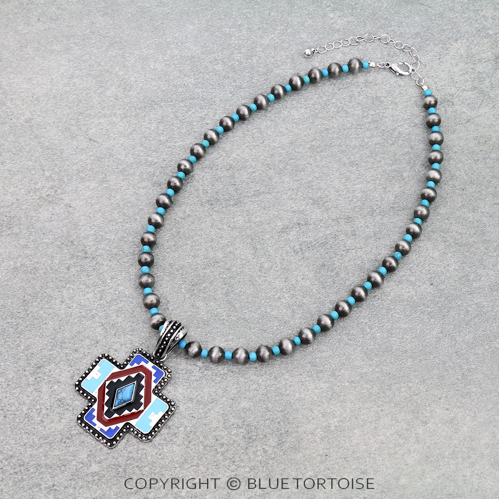 Western Aztec Cross Enamel Pendant Necklace