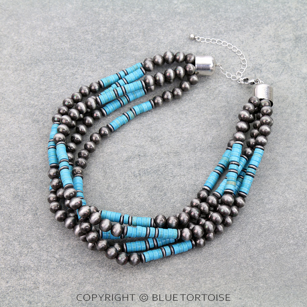 Multi Layered Navajo Style Pearl & Semi Stone Necklace