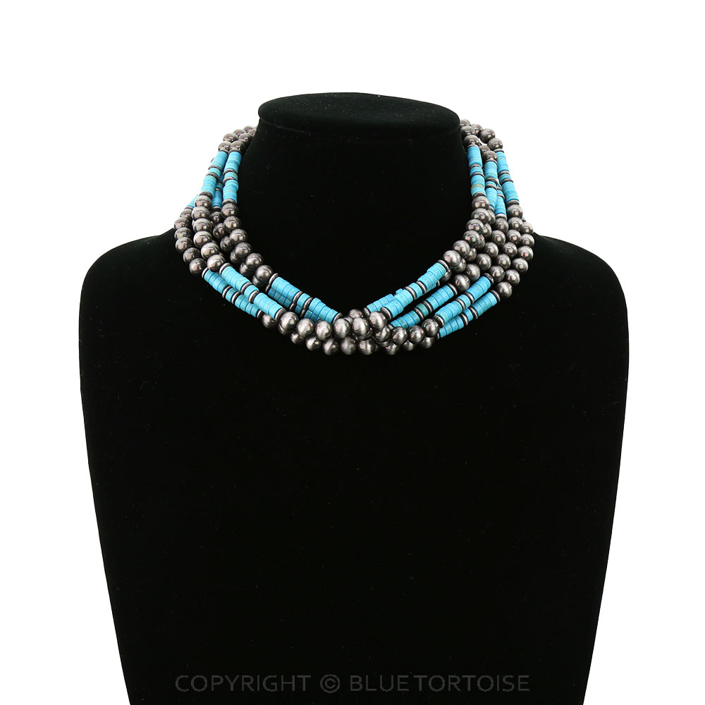 Multi Layered Navajo Style Pearl & Semi Stone Necklace - Image 2
