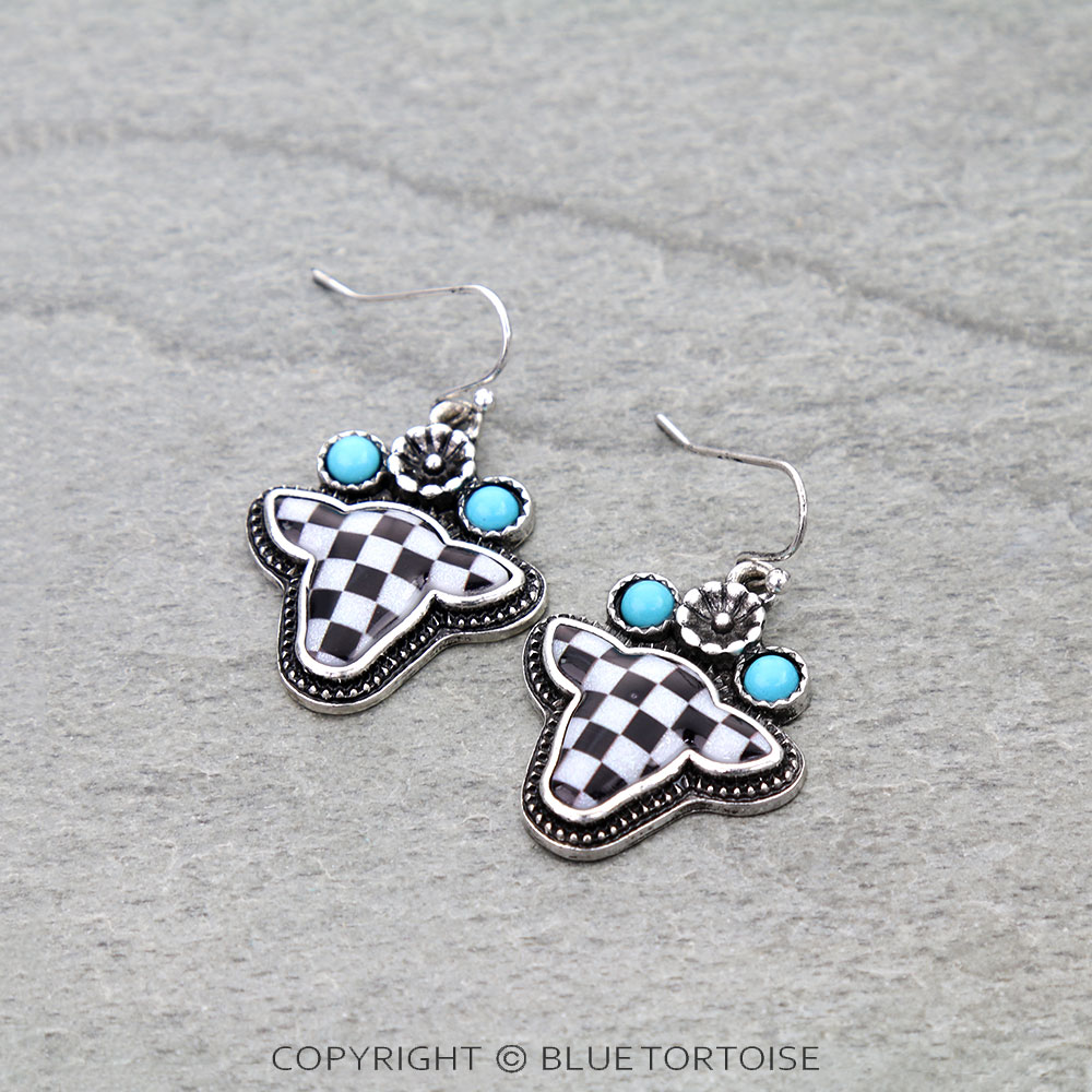Western Checker Cow Head Dangle Earrings