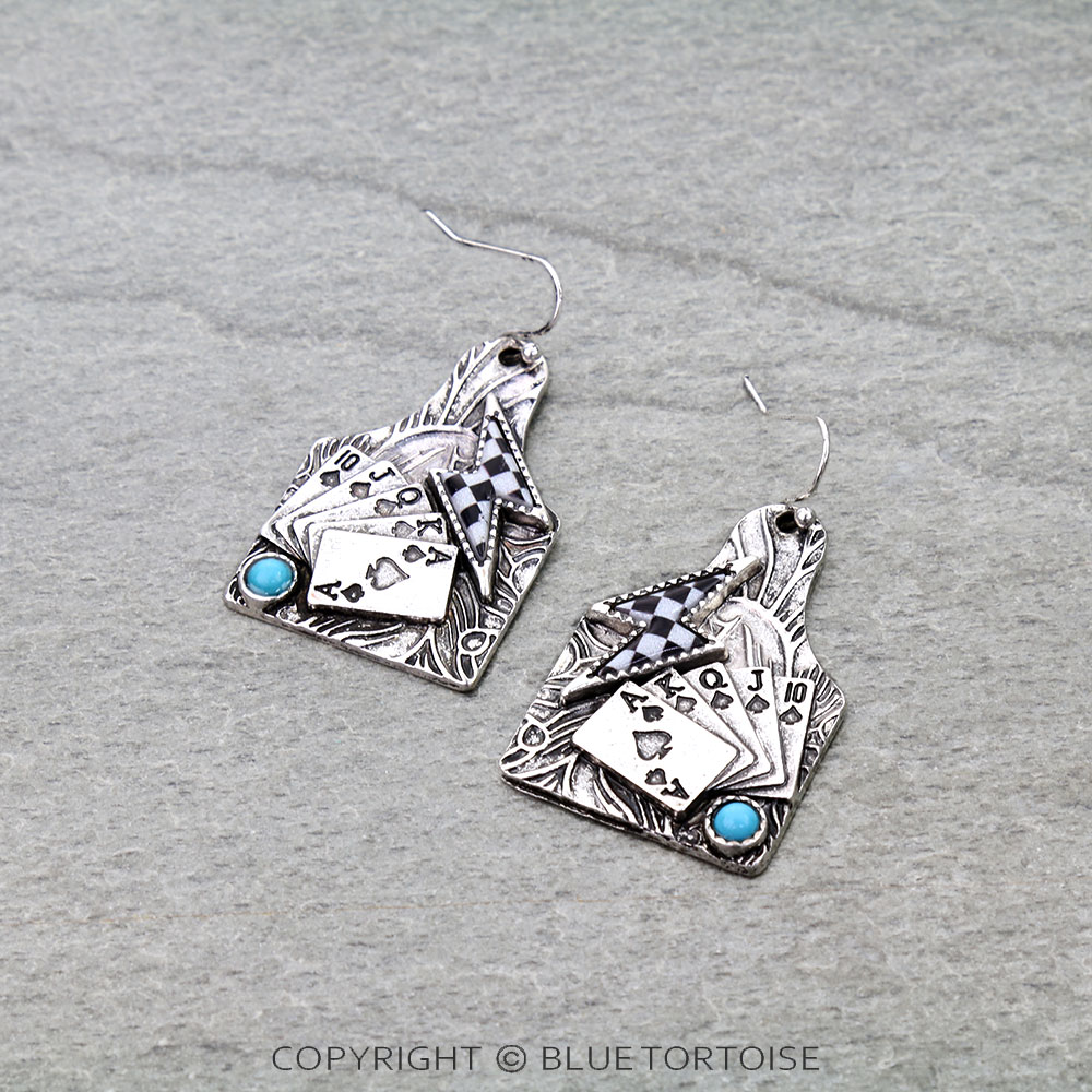 Western Checker Thunder Ear Tag Dangle Earrings
