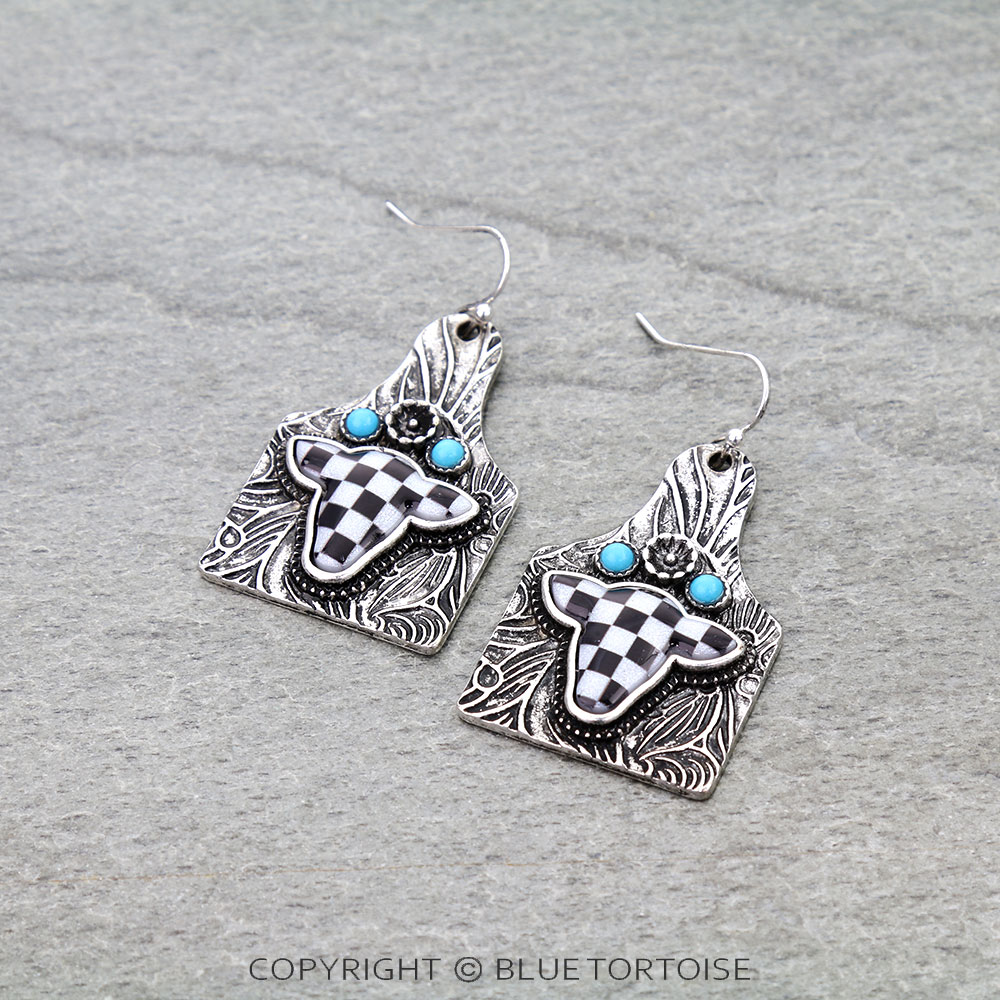 Western Checker Cow Head Ear Tag Dangle Earrings