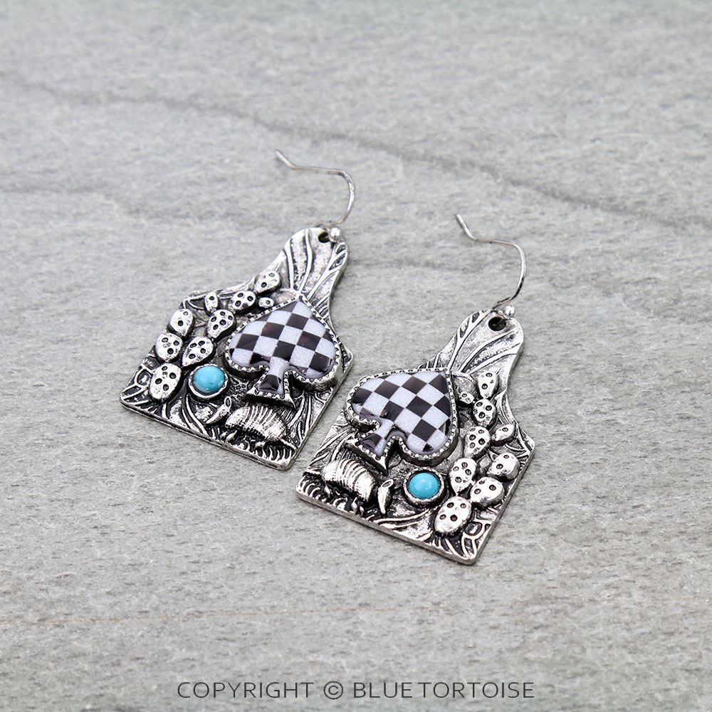 Western Checker Spade Ear Tag Dangle Earrings