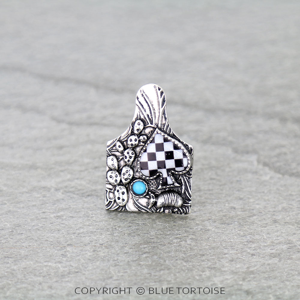 Western Checker Spade Ear Tag Cuff Ring