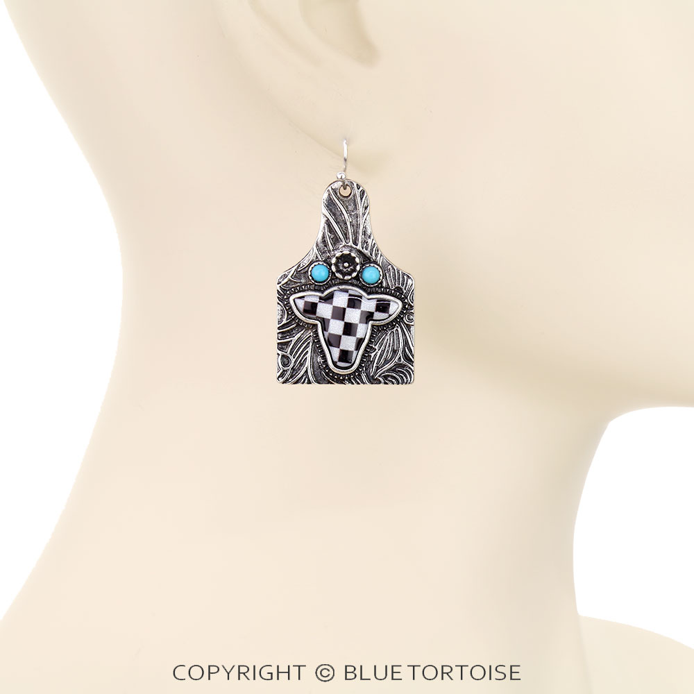 Western Checker Cow Head Ear Tag Dangle Earrings - Image 2