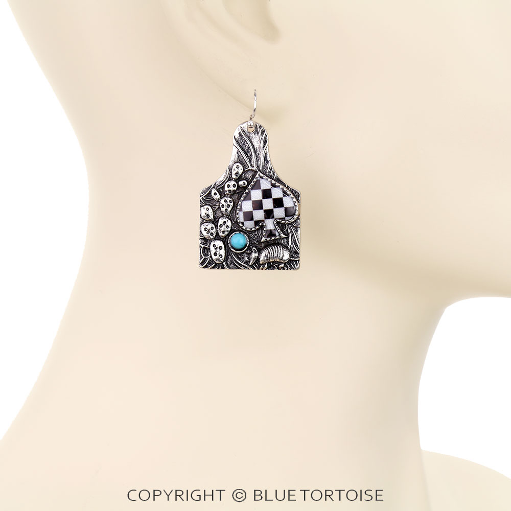 Western Checker Spade Ear Tag Dangle Earrings - Image 2