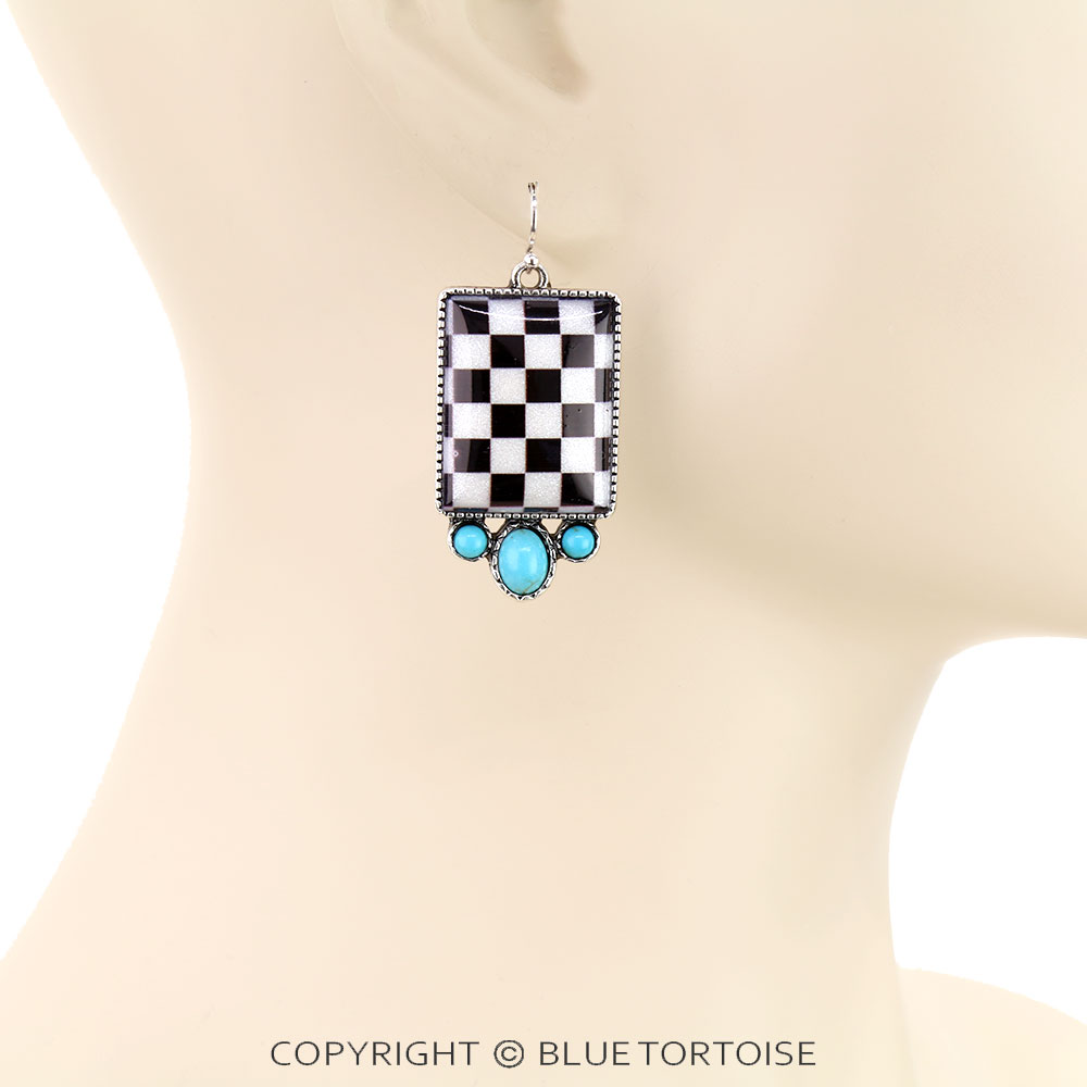 Western Rectangle Checker Dangle Earrings - Image 2