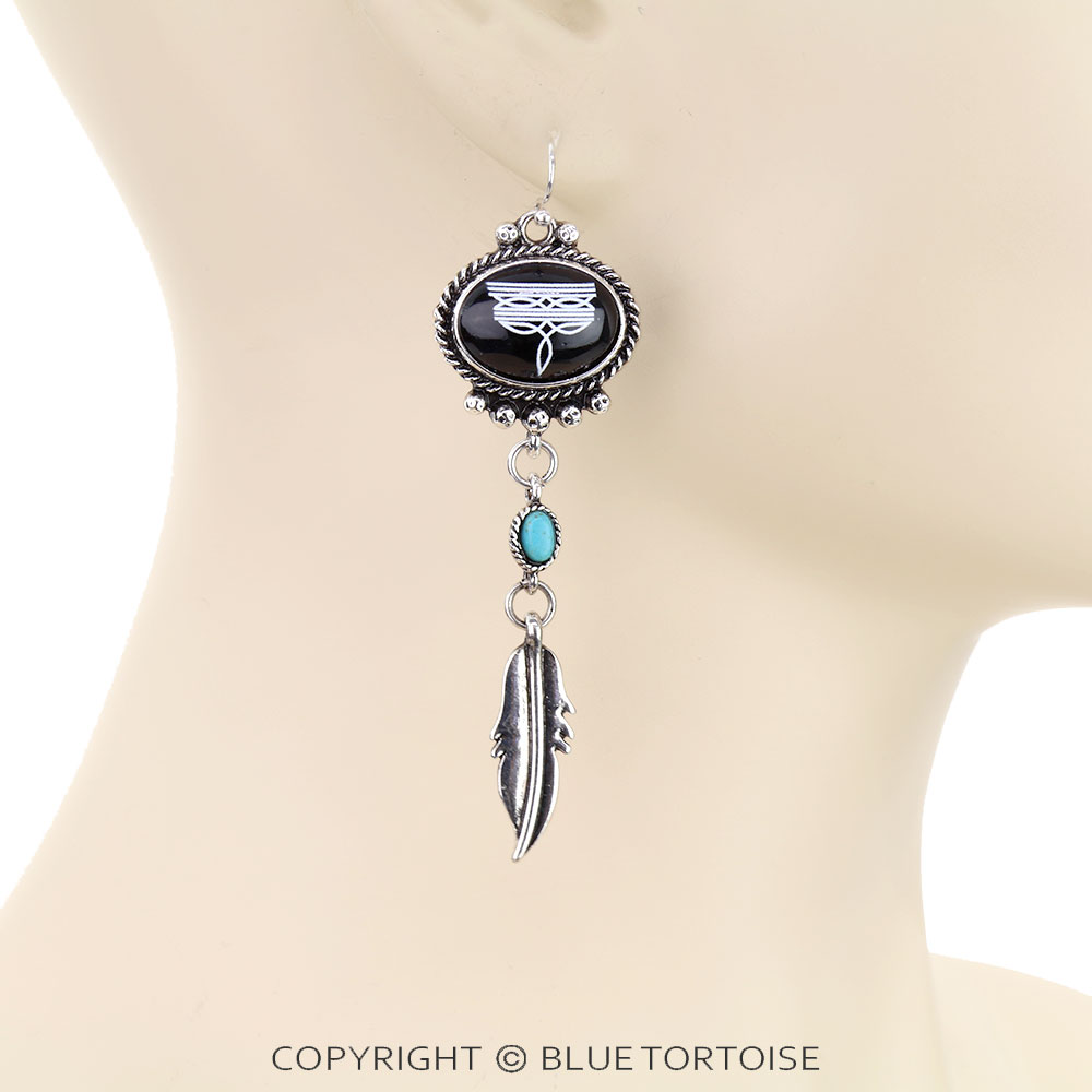 Western Boot Stitch Feather Dangle Earrings - Image 2