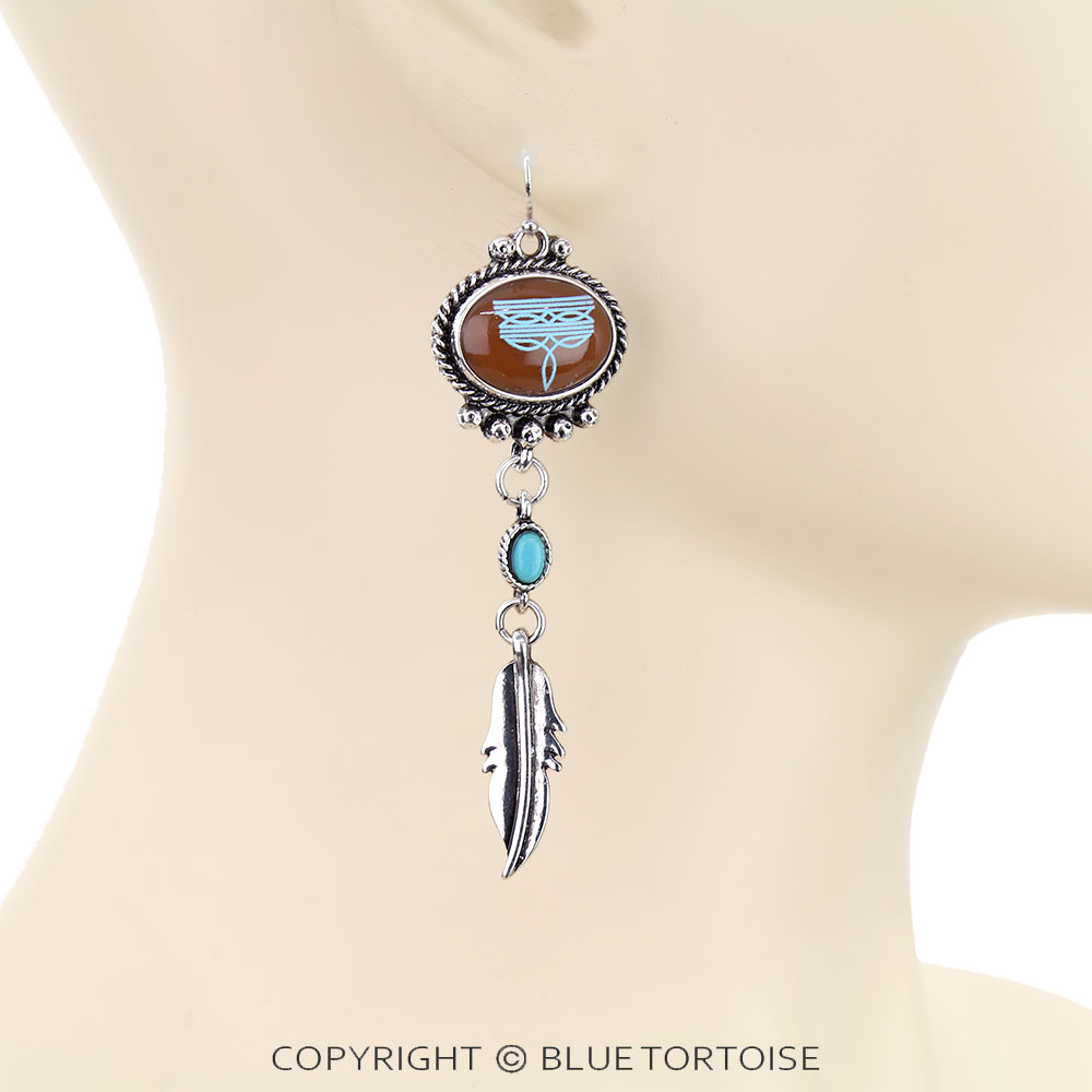 Western Boot Stitch Feather Dangle Earrings - Image 2