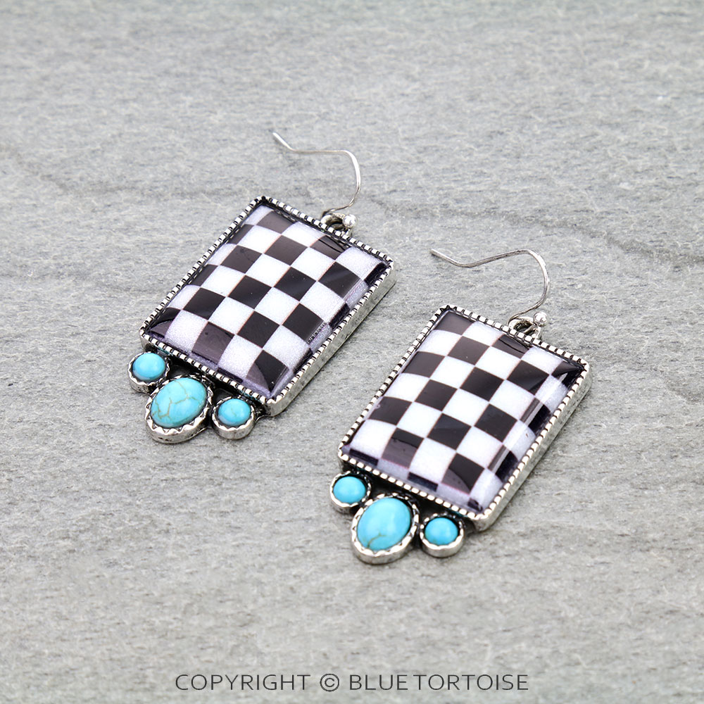 Western Rectangle Checker Dangle Earrings