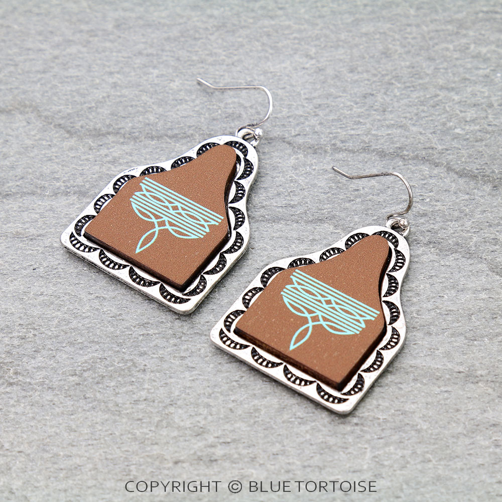 Western Boot Stitch Ear Tag Dangle Earrings