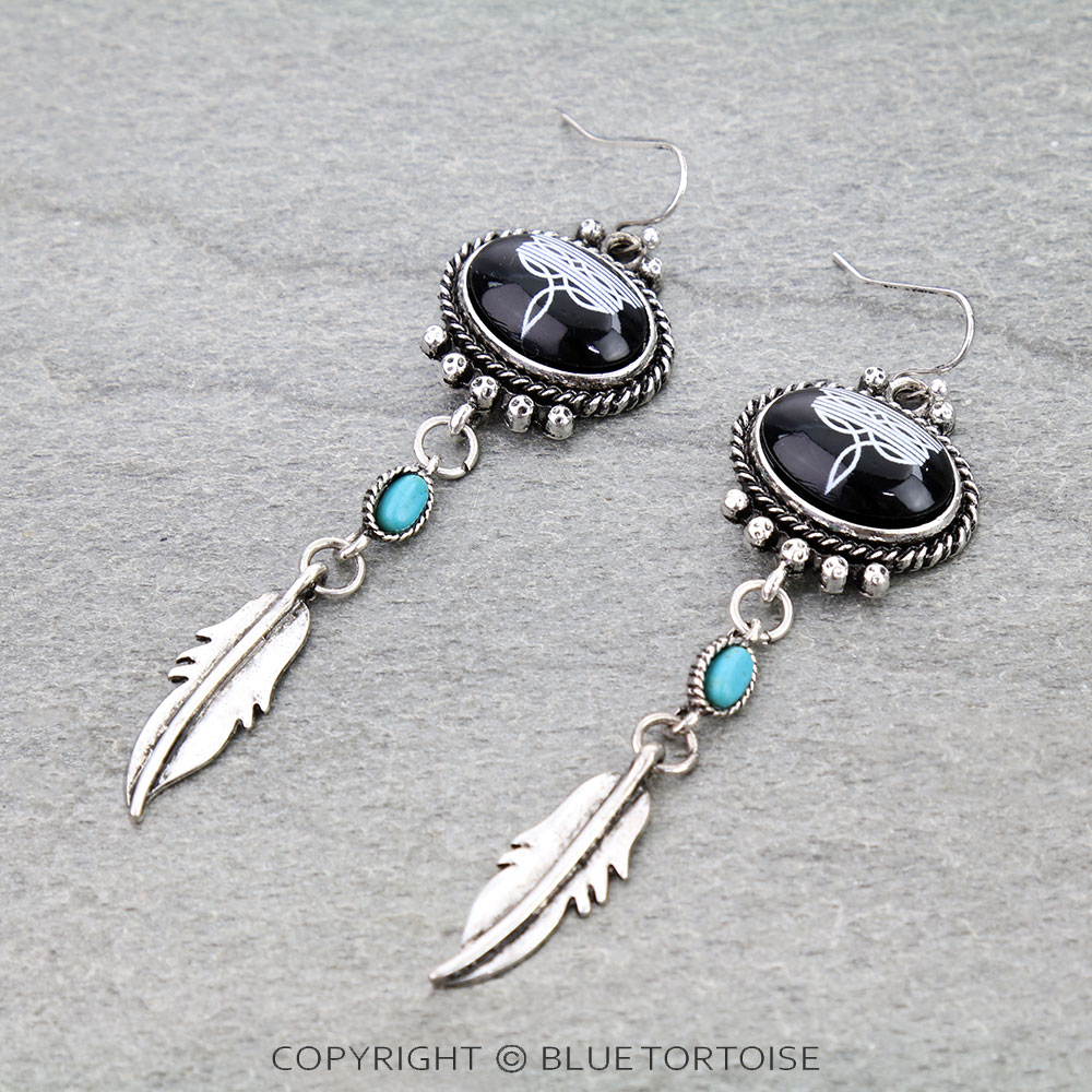 Western Boot Stitch Feather Dangle Earrings