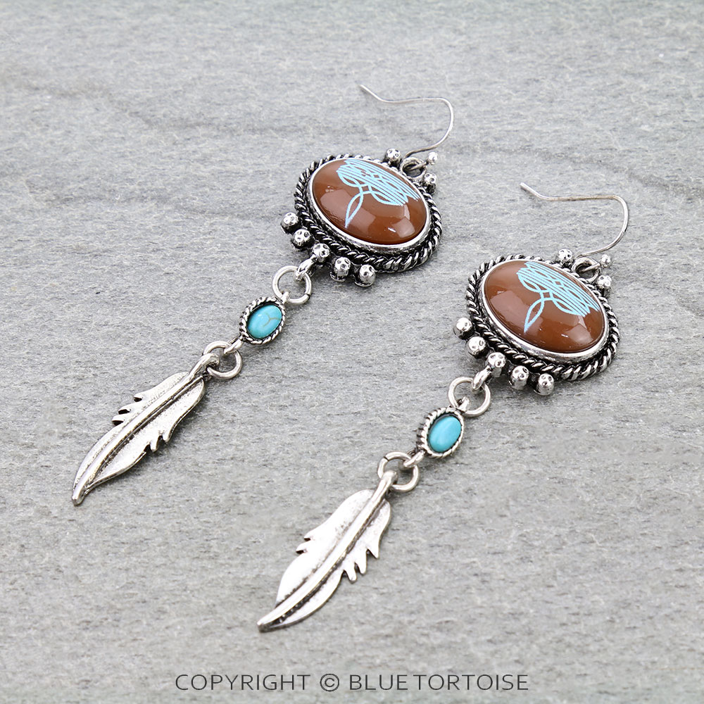 Western Boot Stitch Feather Dangle Earrings