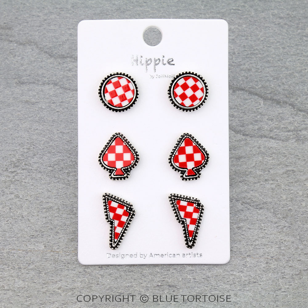 3 Pair Checker Pattern Shape Earring Set