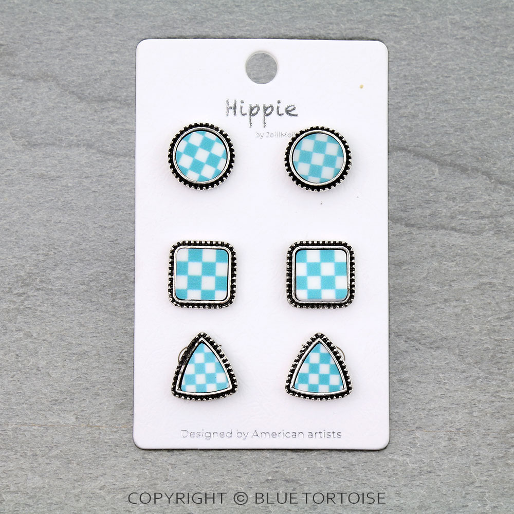 3 Pair Checker Pattern Shape Earring Set
