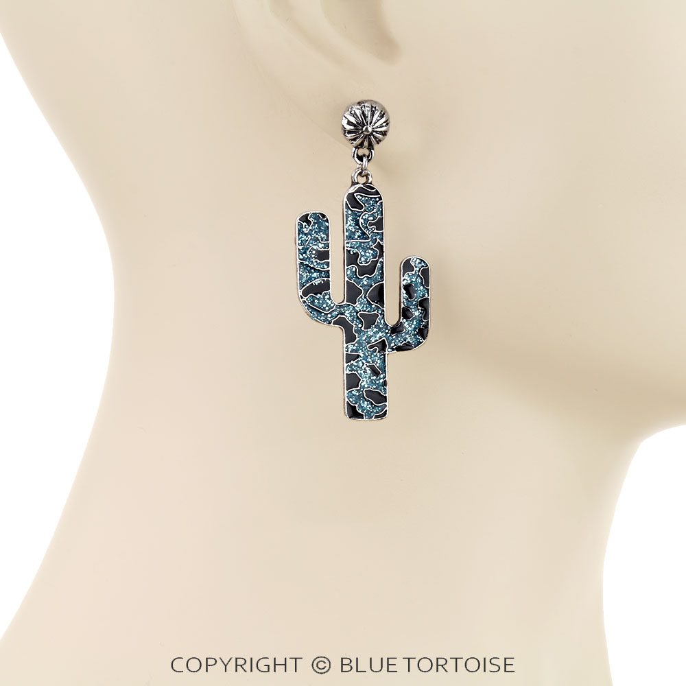Western Glitter Enamel Cactus Dangle Earrings - Image 2