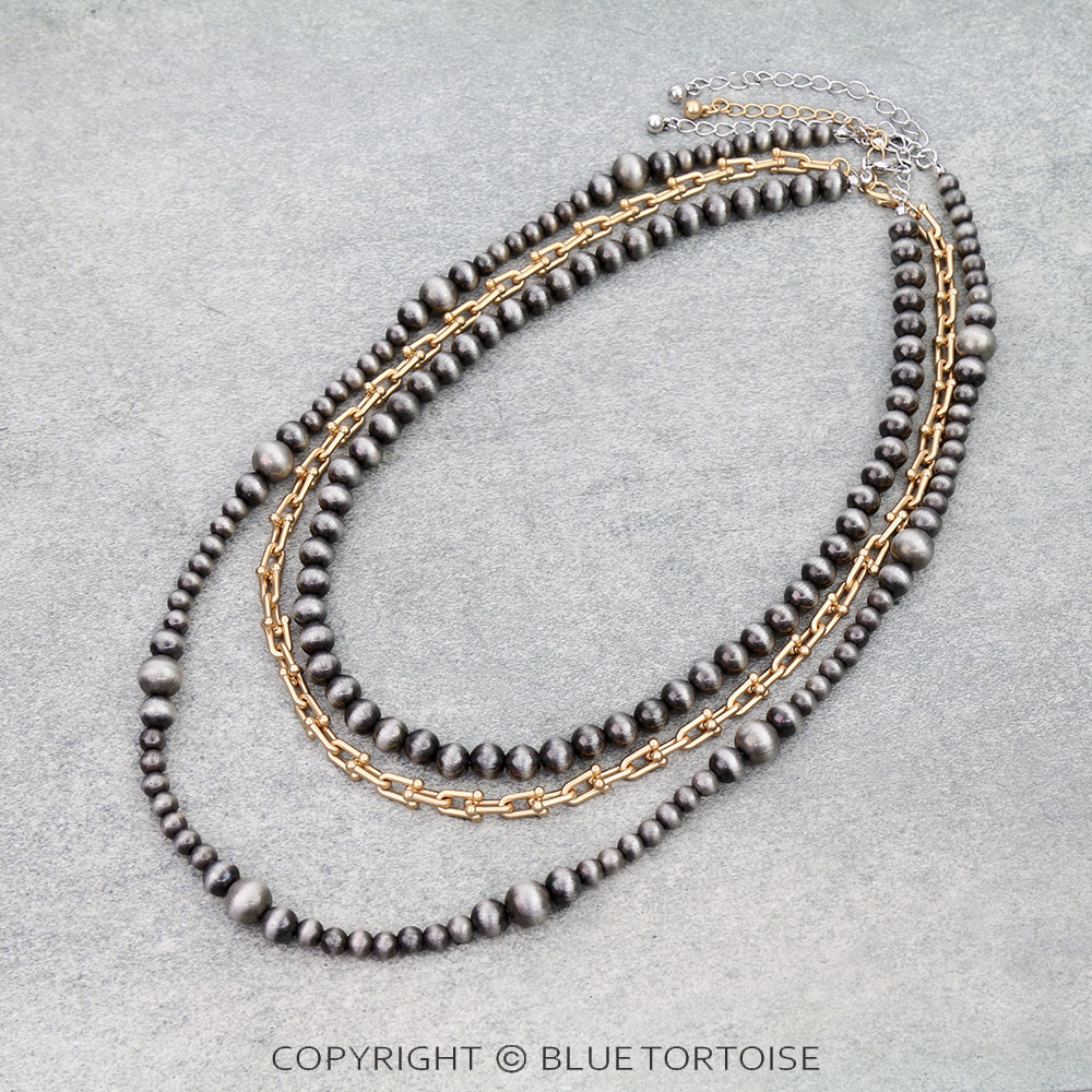 3 Layer Navajo Style Pearl & Chain Necklace