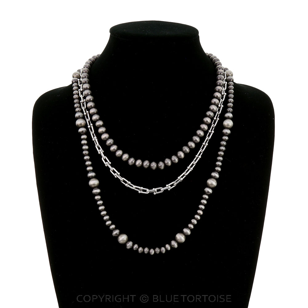 3 Layer Navajo Style Pearl & Chain Necklace - Image 2