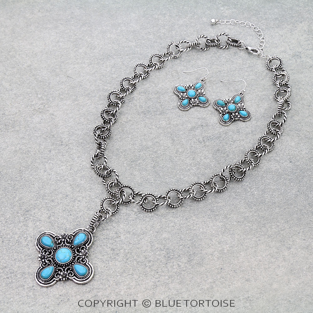 Western Cross Stone Chain Necklace Set