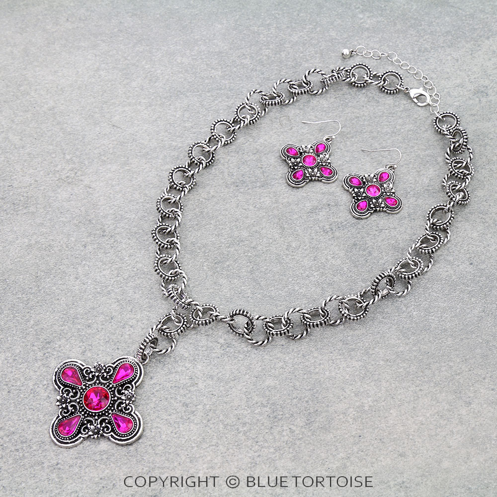 Western Cross Stone Chain Necklace Set