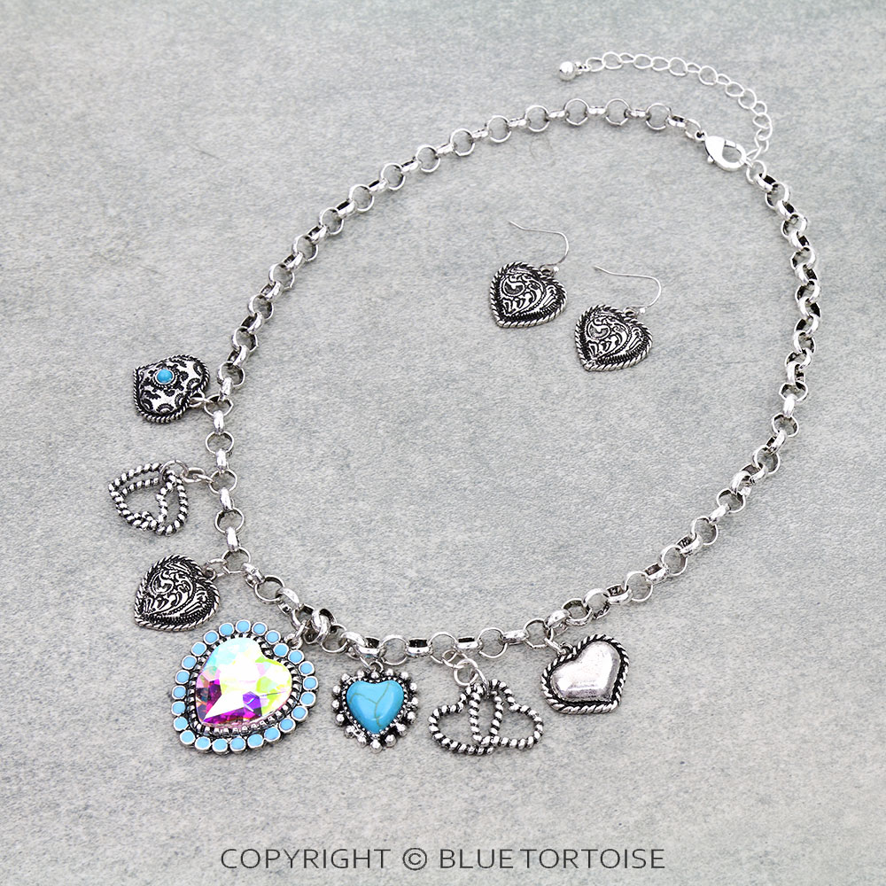 Western Heart Multi Charm Statement Necklace Set