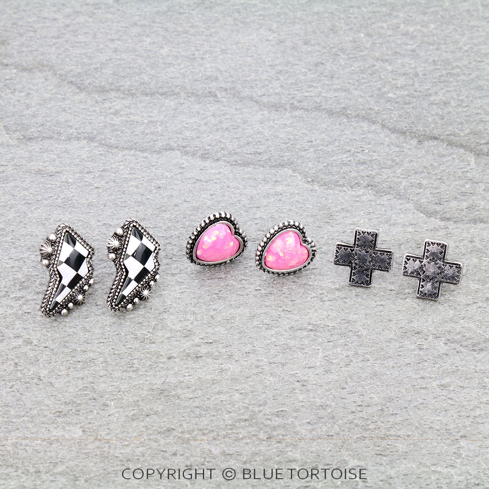 3 Pair Checkerboard Opal Earring Set