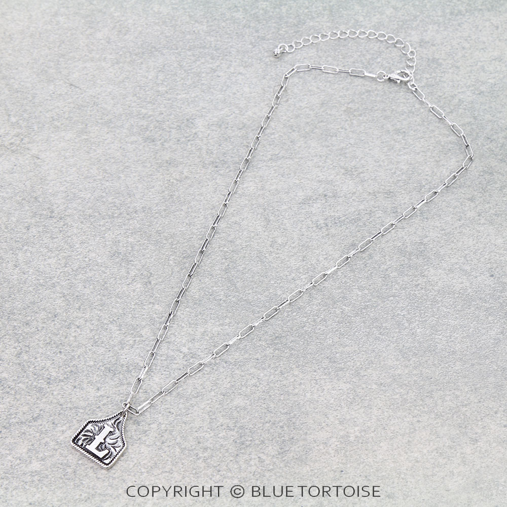 Western Etched Ear Tag Initial Necklace