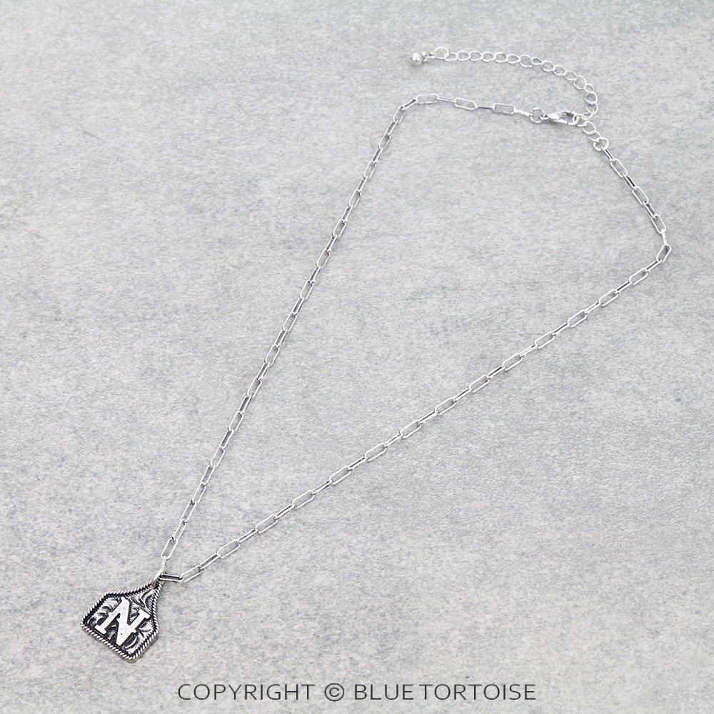 Western Etched Ear Tag Initial Necklace