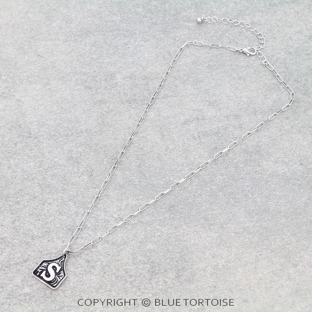 Western Etched Ear Tag Initial Necklace