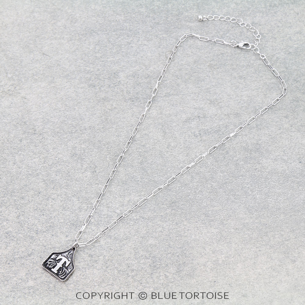 Western Etched Ear Tag Initial Necklace
