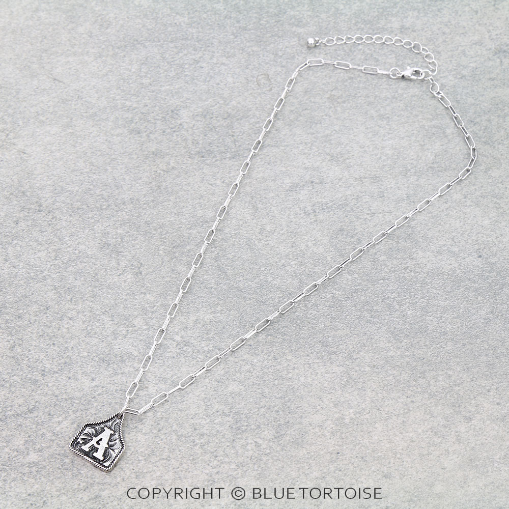 Western Etched Ear Tag Initial Necklace