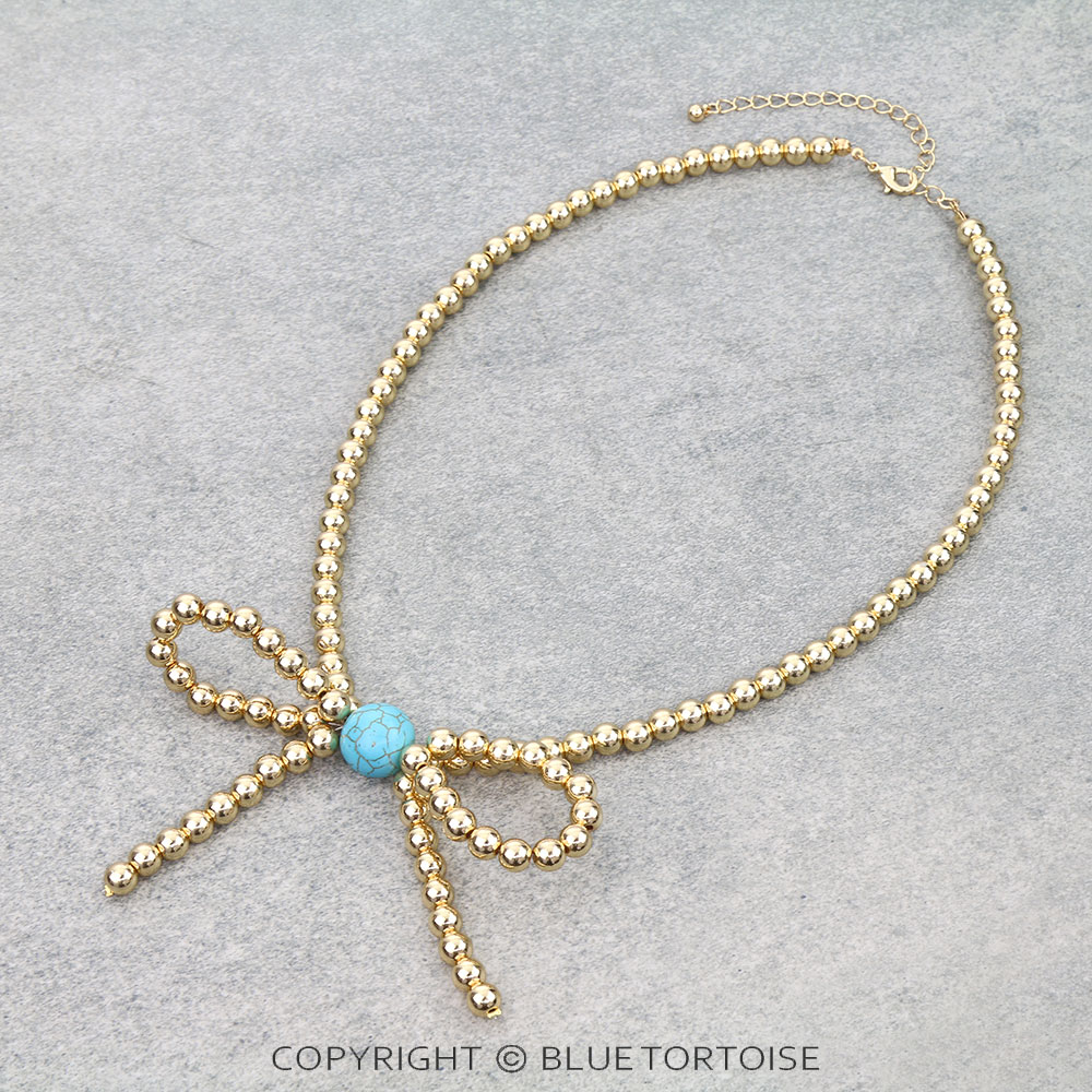 Gold Color Bead Bow Necklace