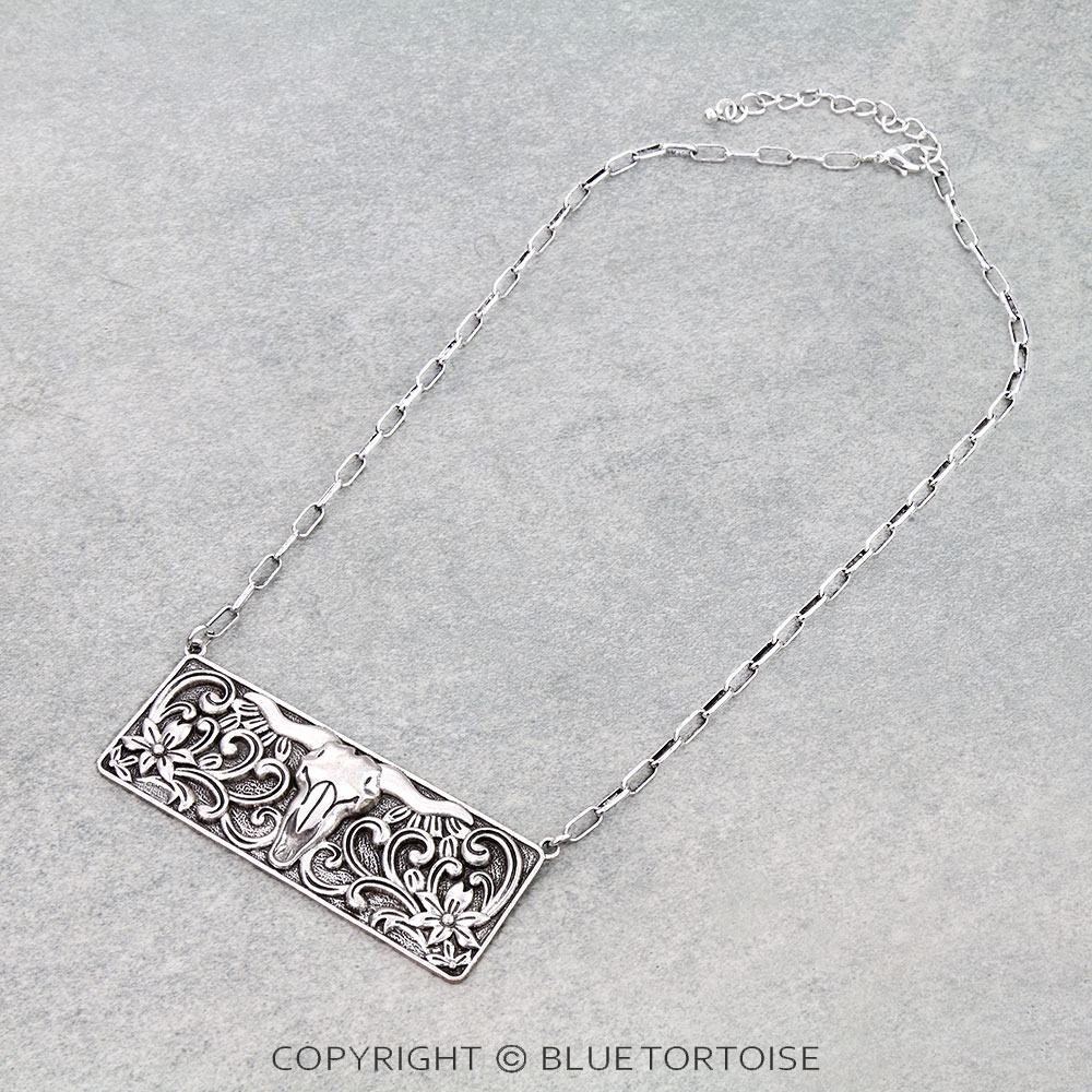 Western Steer Skull Metal Bar Necklace