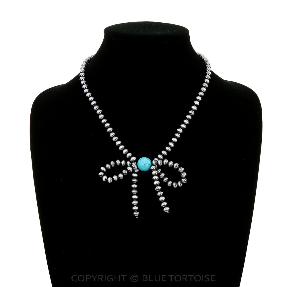 Gold Color Bead Bow Necklace - Image 2