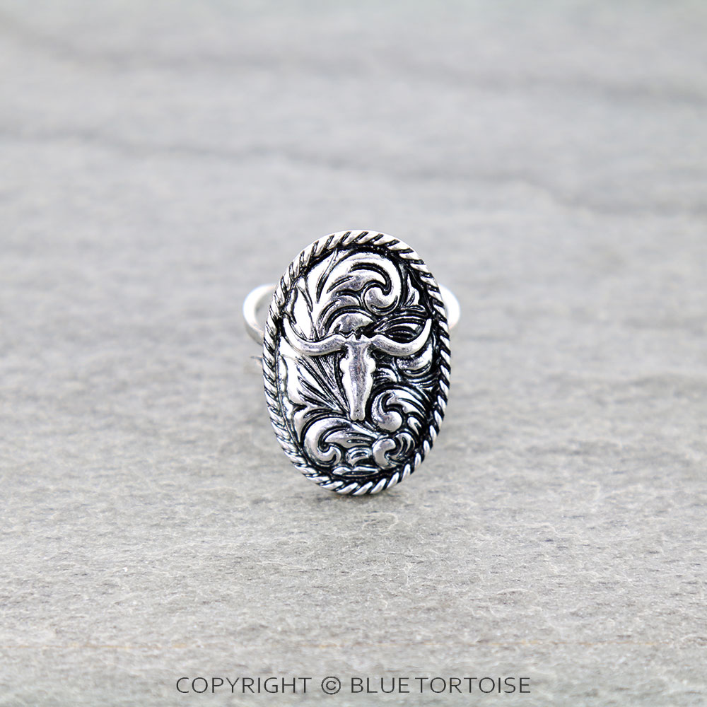 Western Steer Skull Etched Cuff Ring