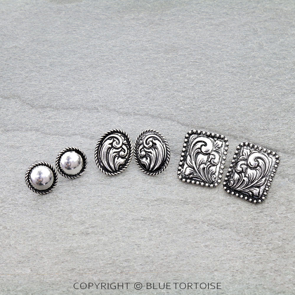 3 Pair Western Theme Etched Earring Set