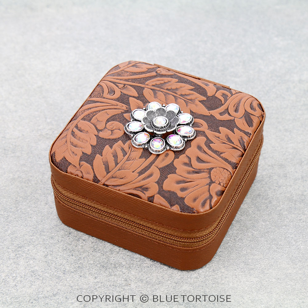 Western Tooled Leather Travel Jewelry Box - Flower Concho