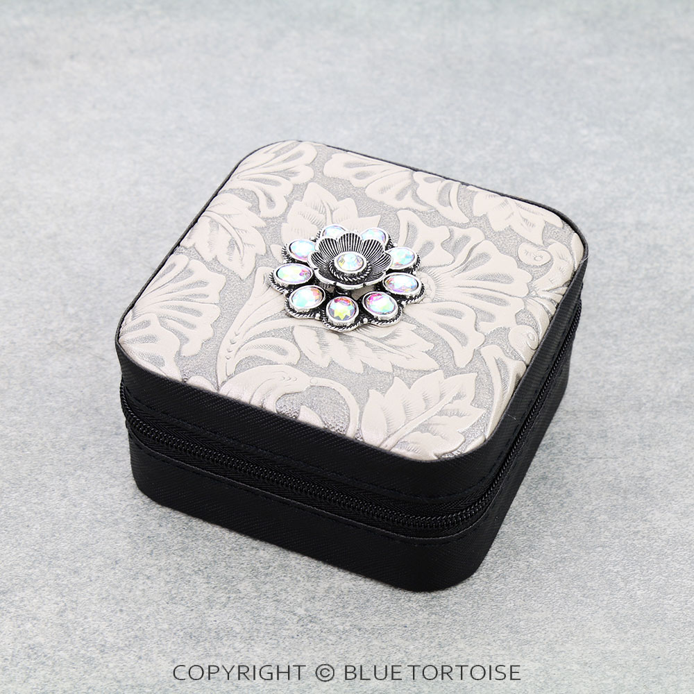 Western Tooled Leather Travel Jewelry Box - Flower Concho