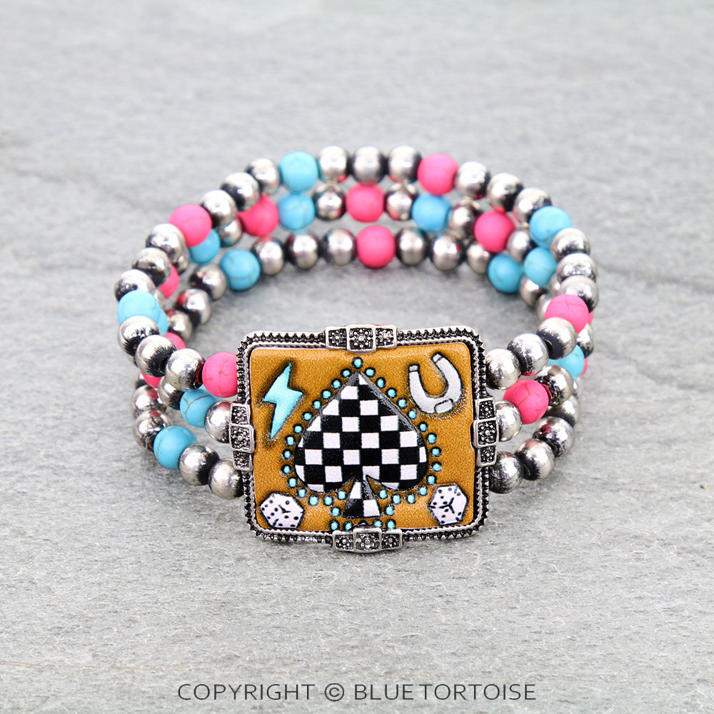 Western Spade Tooled Leather Stretch Bracelet
