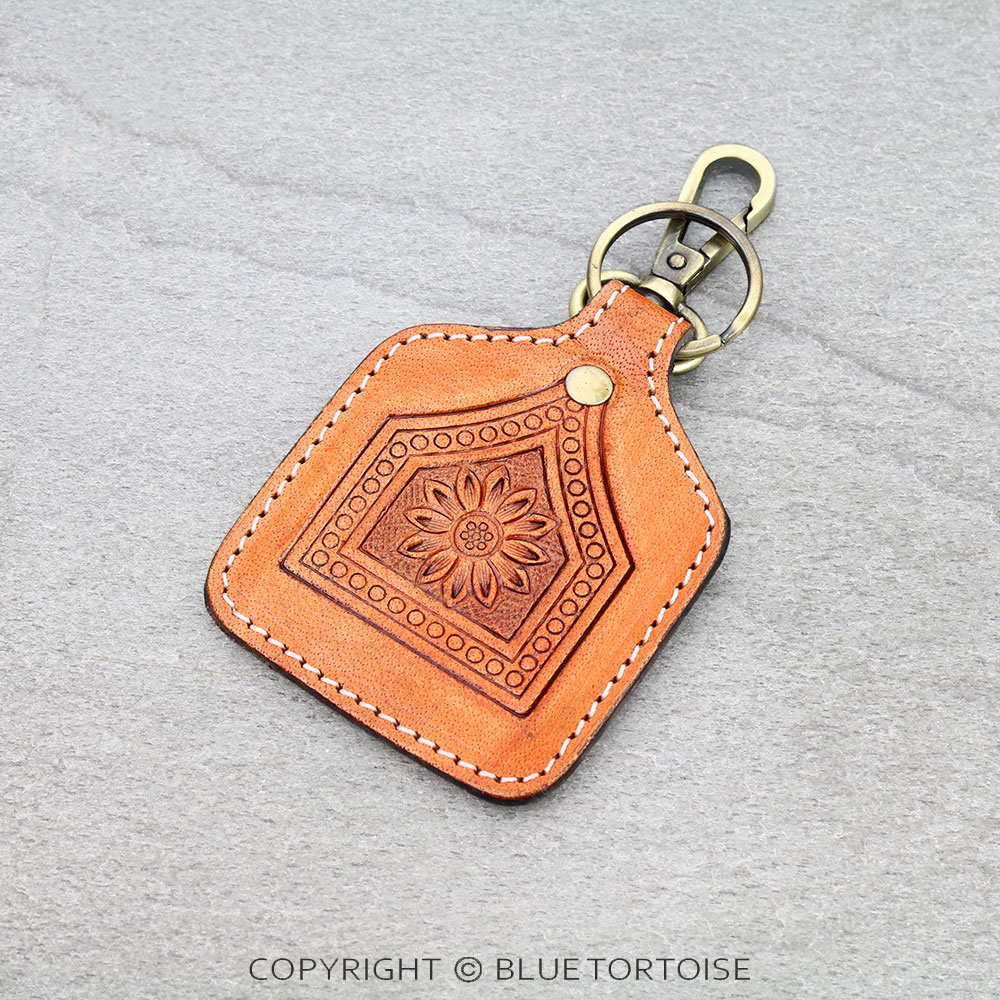 Western Genuine Leather Ear Tag Keychain - Floral Pattern
