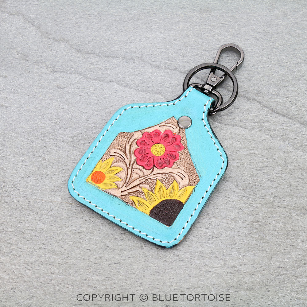 Western Genuine Leather Ear Tag Keychain - Floral Pattern